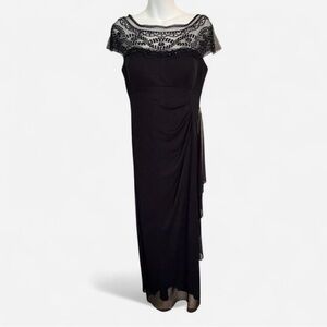 R&M Richards Elegant Black Beaded Lace Yoke Evening Gown, Size 6
